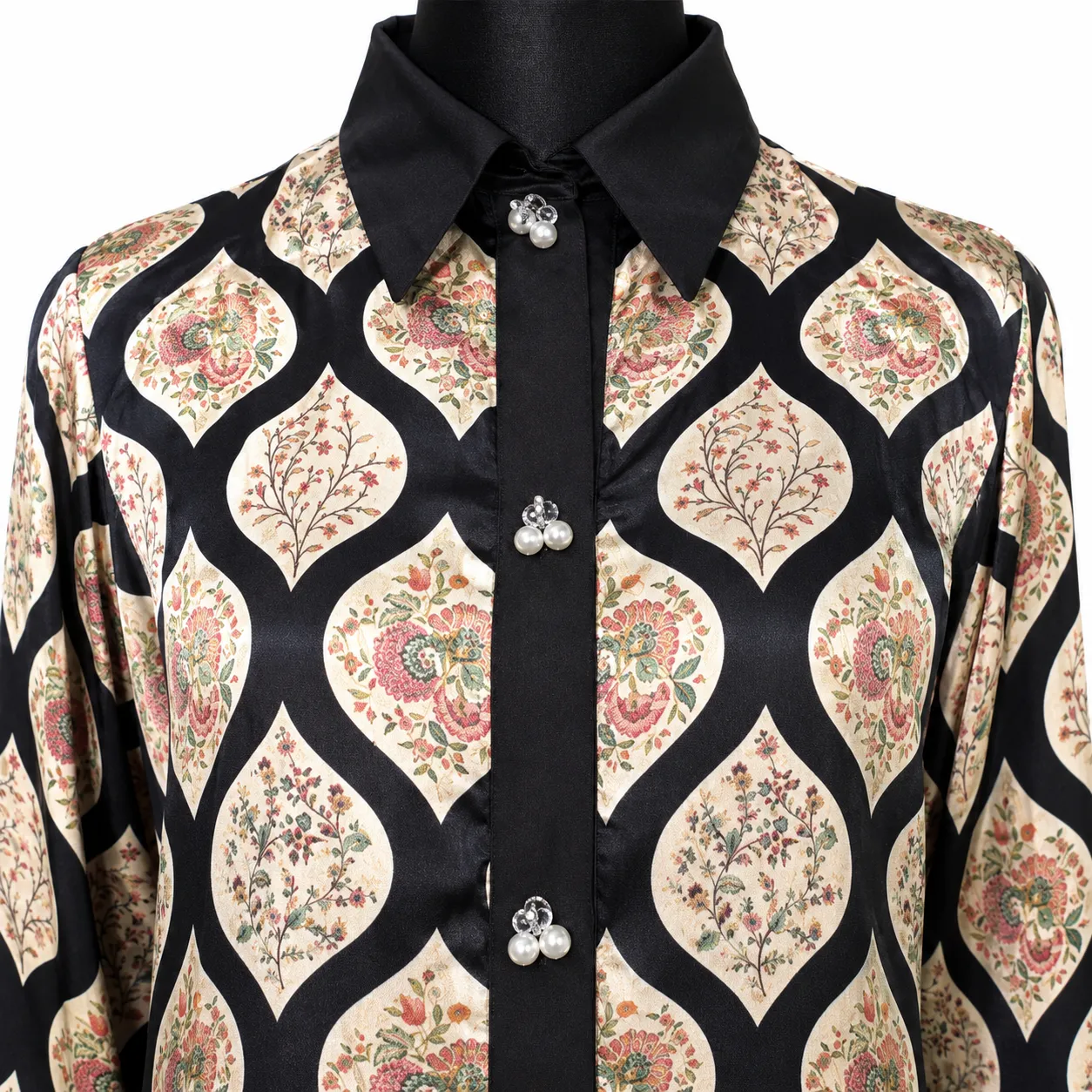 Women's Black and Beige Geometric Print Long Shirt with Contrast Cuffs